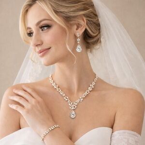 Women’s CZ Jewelry Set Necklace Dangle Earrings Bracelet Allergy Free Wedding!